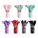 KIT de Utensílios Para Cozinha em Silicone e Bambu 12 Peças - cor aleatoria