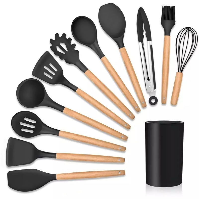 KIT de Utensílios Para Cozinha em Silicone e Bambu 12 Peças - cor aleatoria