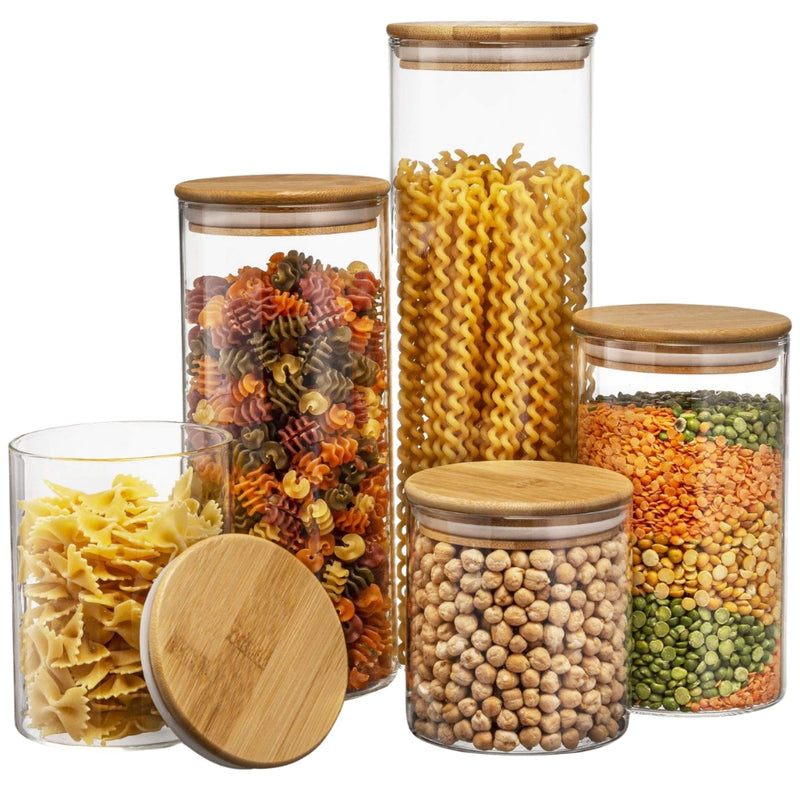 05 Potes de Vidro Hermético Transparente Tampa Bambu Porta Alimentos