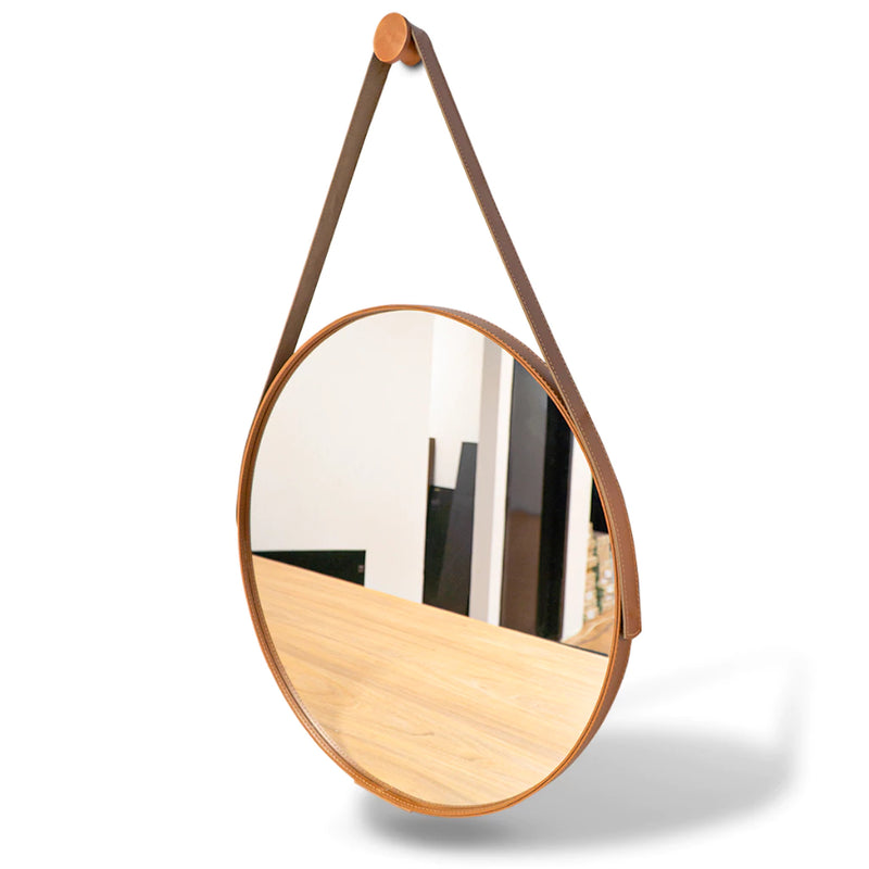 Espelho Redondo De Parede 40cm Decorativo C/ Costura - Marrom