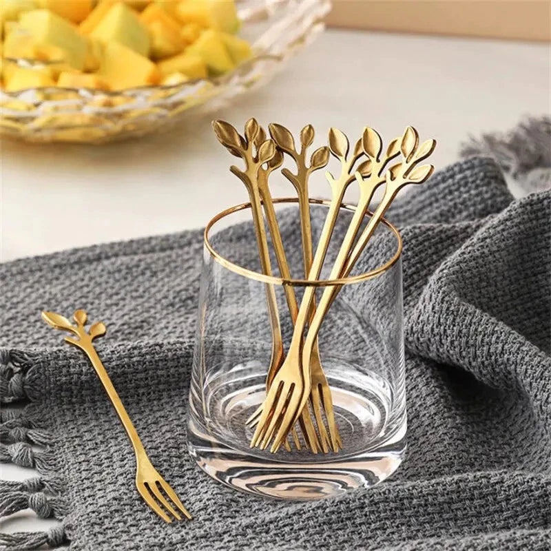 5 Peças Talheres Criativos De Aço Inoxidável Dourado Garfo De Frutas Aperitivo Lanche Sobremesa De Cozinha