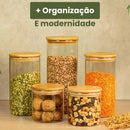 05 Potes de Vidro Hermético Transparente Tampa Bambu Porta Alimentos